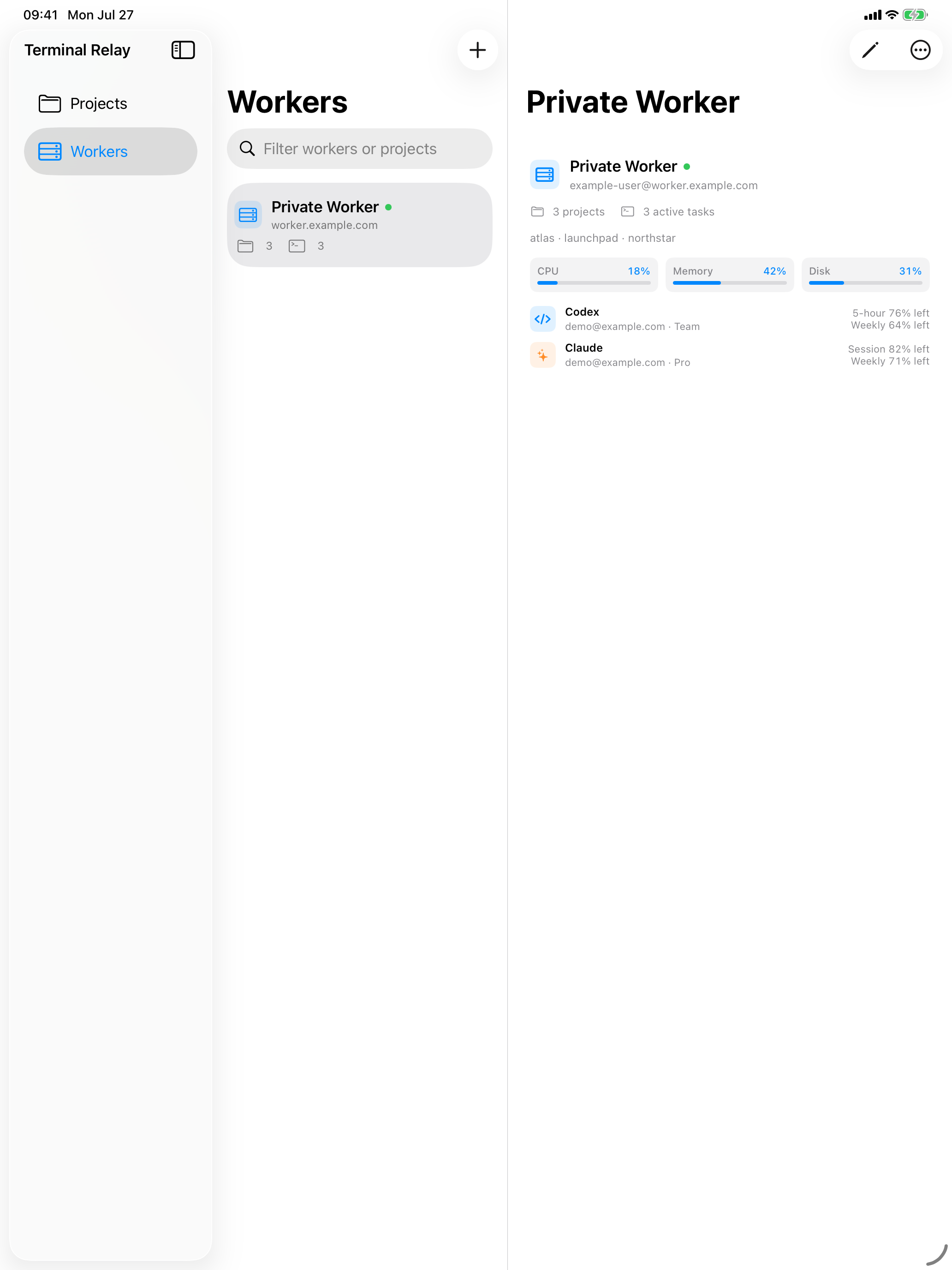 Terminal Relay worker workspace on iPad