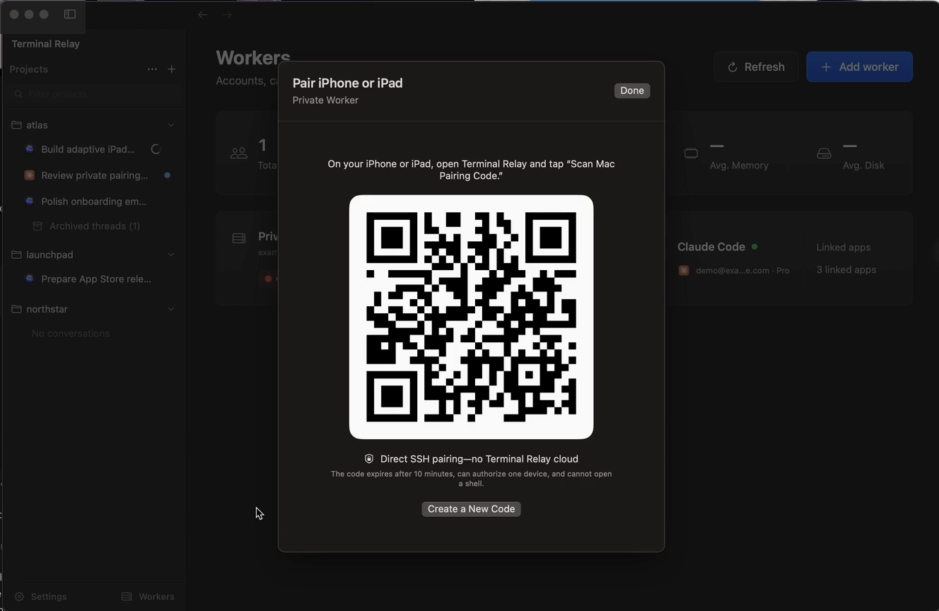The Terminal Relay Mac app opening its private iPhone and iPad pairing flow