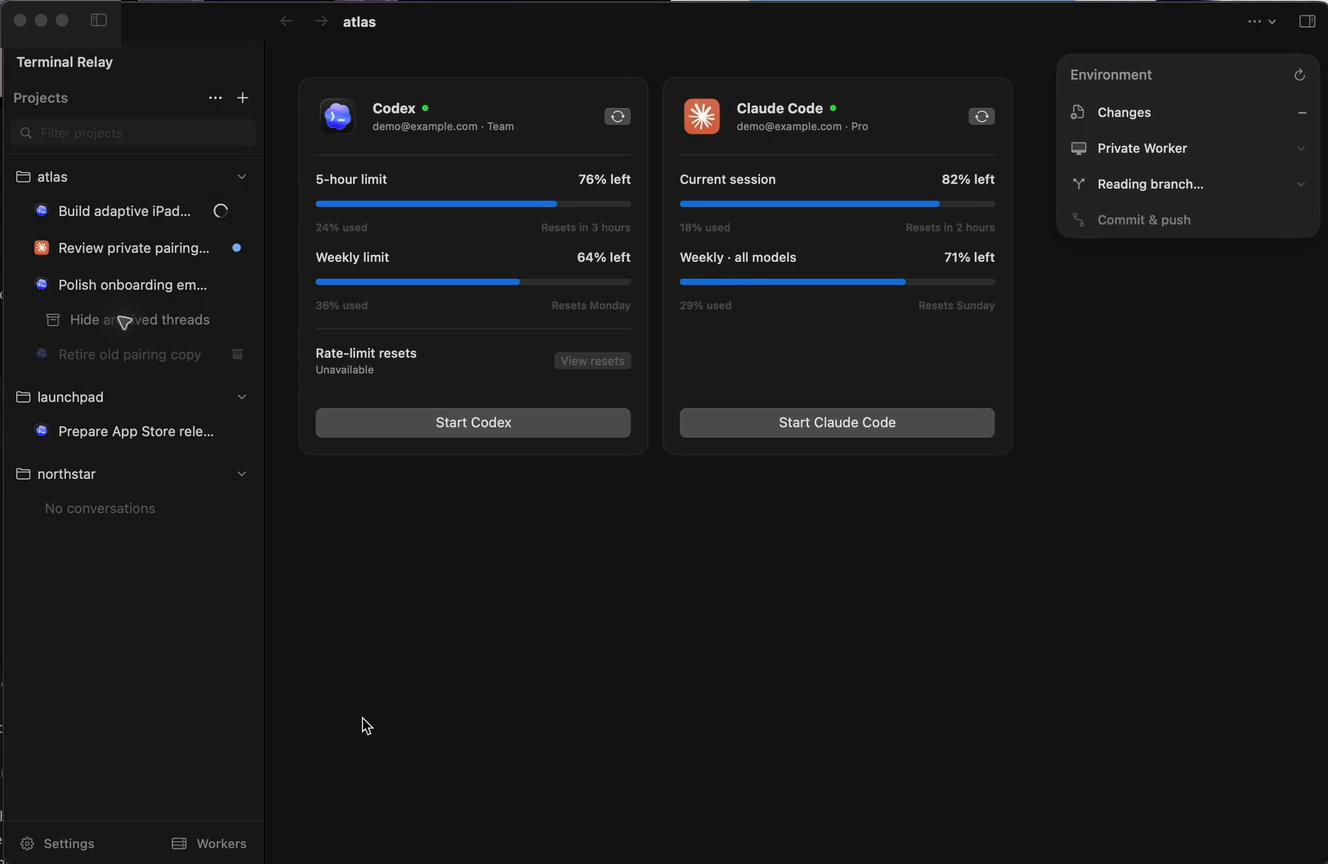 The Terminal Relay Mac app expanding archived threads and moving between projects