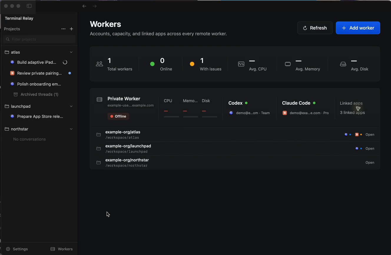 The Terminal Relay Mac app inspecting a worker and expanding its linked repositories